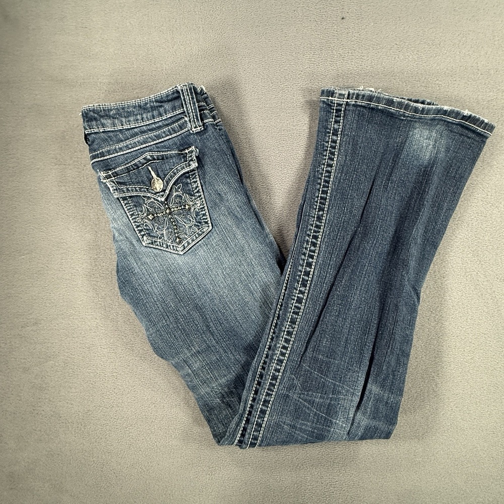 Wrangler Rock 47 Womens Blue Denim‎ Ultra Low Rise Bootcut Jeans 3X34 Y2K